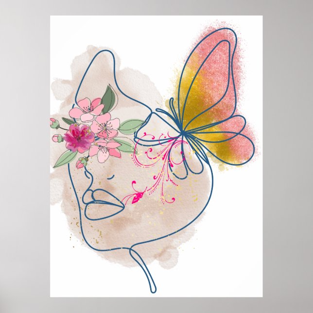 Butterfly Bloom - Abstrakt Blommigt Ansikte Art" Poster (Framsidan)