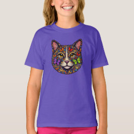 Butterfly Bloom Colorful Cat Portrait | Cute Girls T Shirt