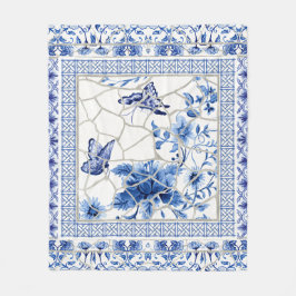 Butterfly Blue och White Chinoiserie Chic Flowers Fleecefilt