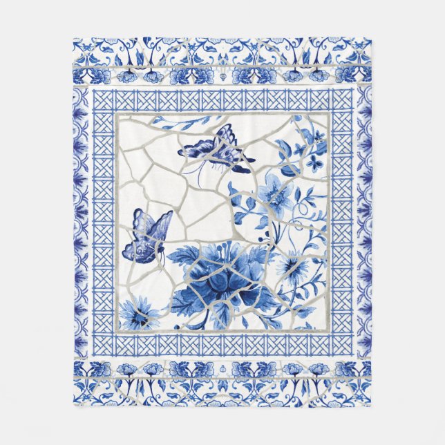 Butterfly Blue och White Chinoiserie Chic Flowers Fleecefilt (Framsidan)