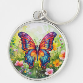 Butterfly Blue Orange Vingar Rund Silverfärgad Nyckelring