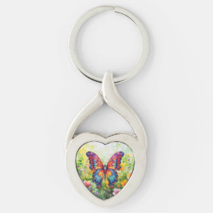 Butterfly Blue Orange Vingar Twisted Heart Silverfärgad Nyckelring