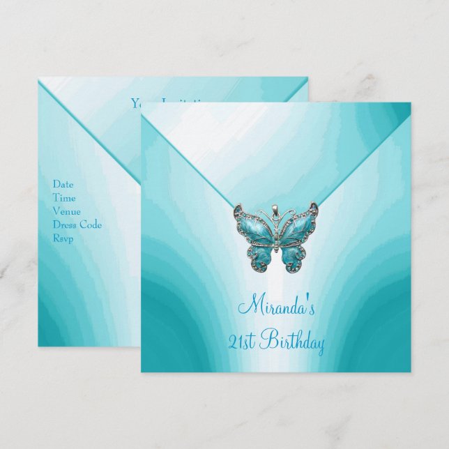 Butterfly Blue White Abstrakt 21:a födelsedagen Inbjudningar (Fram/baksida)