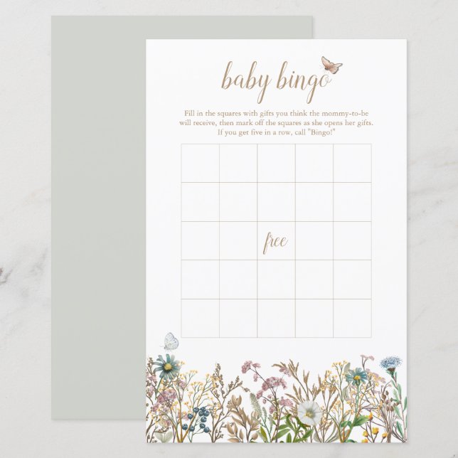 Butterfly Boho Baby Bingo-spelkort (Fram/baksida)