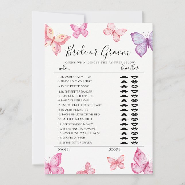 Butterfly Bride eller Groom-spel, helt redigerbart Inbjudningar (Framsida)