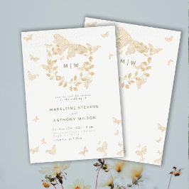 Butterfly Bröllop Guld Monogram Utandningsluft Ele Inbjudningar