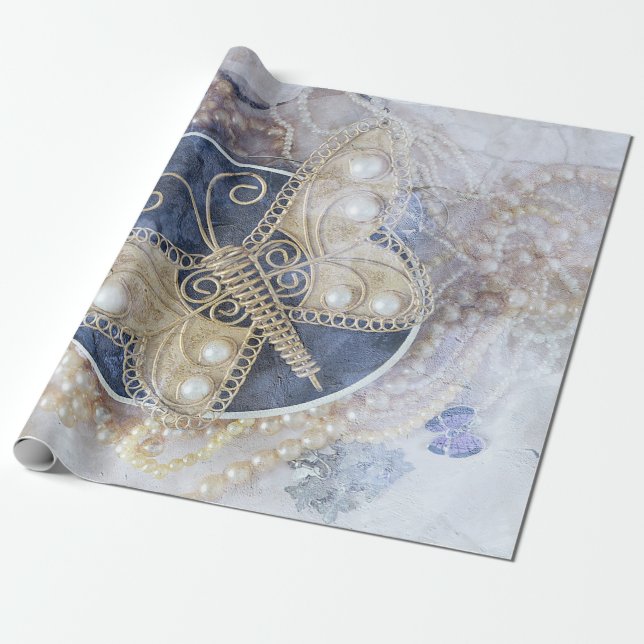 Butterfly Bröllop Möhippa White Guld Decoupage Presentpapper (Utrullad)