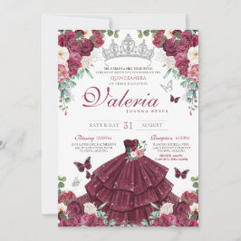 Butterfly Burgundy Red Silver Blommigt Quinceañera Inbjudningar