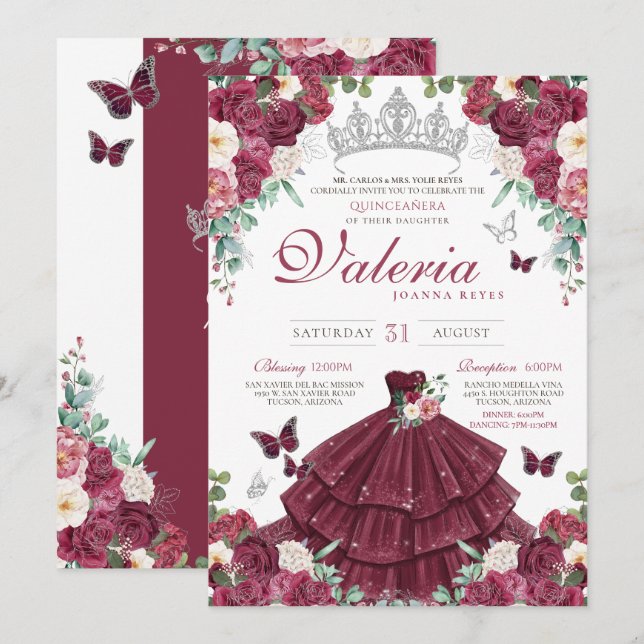 Butterfly Burgundy Red Silver Blommigt Quinceañera Inbjudningar (Fram/baksida)
