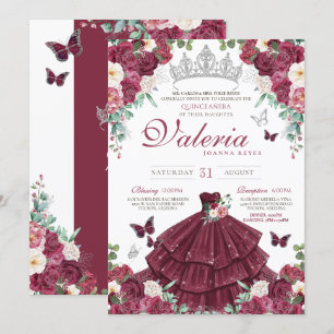 Butterfly Burgundy Red Silver Blommigt Quinceañera Inbjudningar