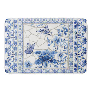 Butterfly Chinoiserie Chic Blommigt Löv Blue Badrumsmatta