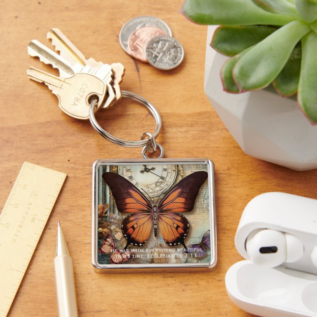 Butterfly Clock Keychain Ecclesiastes 3:11  Fyrkantig Silverfärgad Nyckelring (Skrivbord)