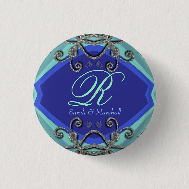 Butterfly Curls Aqua+Blue Monogram Button Knapp (Framsida)