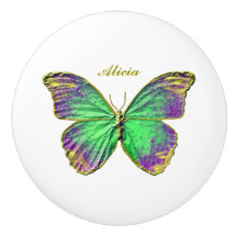 Butterfly Custom Name Emerald Lila Ceramic Knob