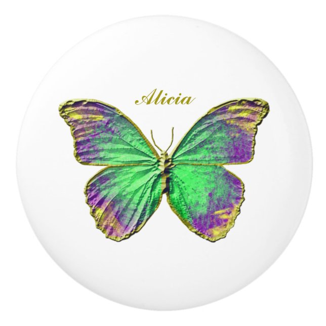 Butterfly Custom Name Emerald Lila Ceramic Knob Knopp (Framsidan)