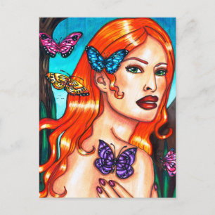 Butterfly Dam Nature Girl Original Art teckning Po Vykort