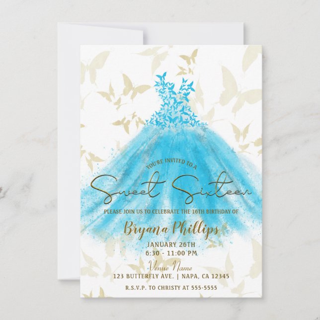 Butterfly Dance Aqua Blue Dress Guld Sweet 16 Inbjudningar (Framsida)
