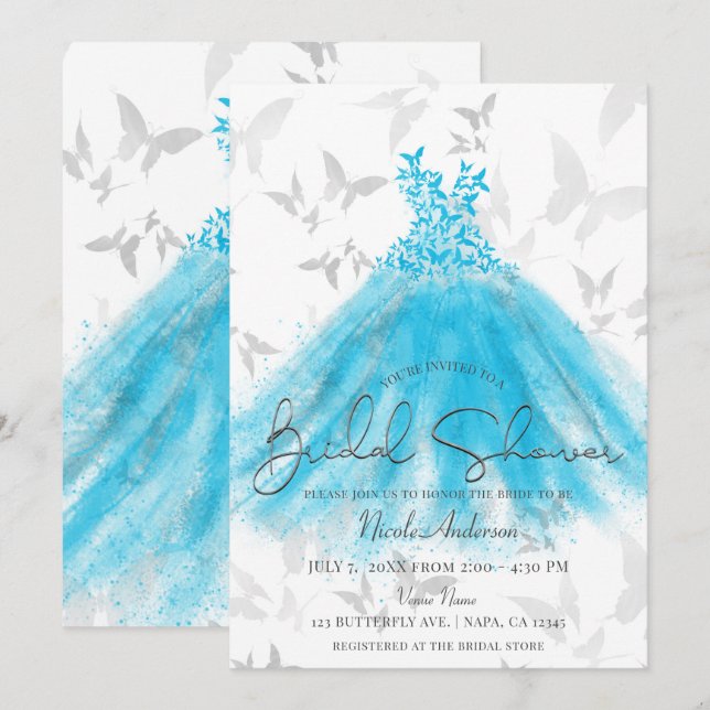 Butterfly Dance Aqua Blue Dress Möhippa Inbjudningar (Fram/baksida)