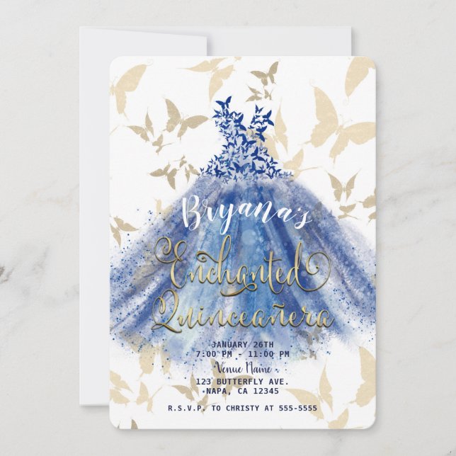 Butterfly Dance Blue Dress & Guld Quinceañera 15 Inbjudningar (Framsida)