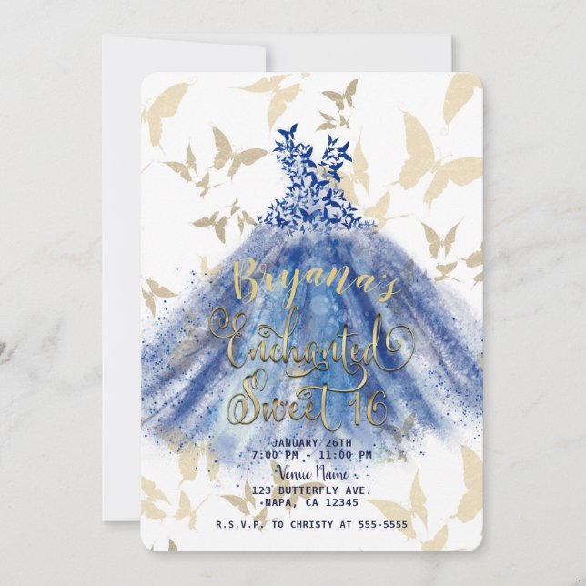 Butterfly Dance Blue Dress & Guld Sweet 16 Inbjudningar (Framsida)