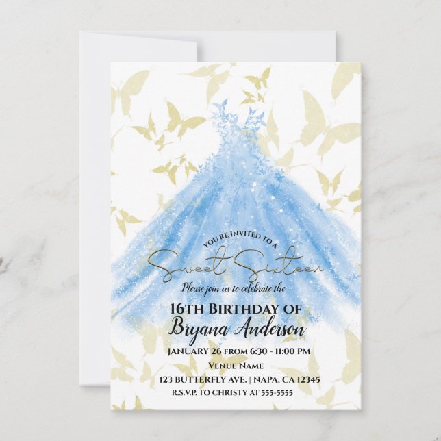Butterfly Dance Blue Dress Guld Sweet 16 Party Inv Inbjudningar (Framsida)