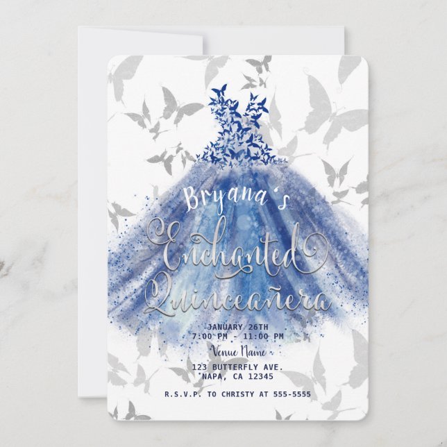 Butterfly Dance Blue Dress Silver 15 Quinceañera Inbjudningar (Framsida)