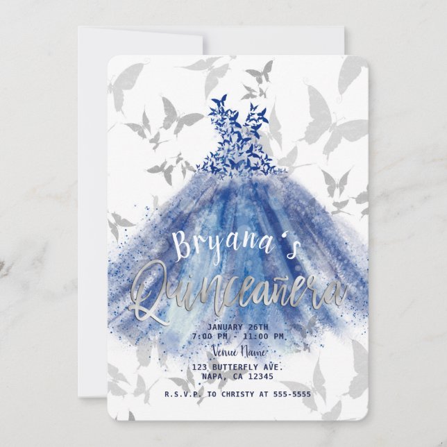 Butterfly Dance Blue Dress Silver Quinceañera 15 Inbjudningar (Framsida)