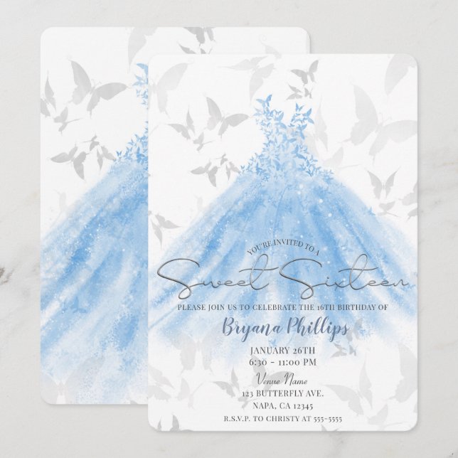 Butterfly Dance Blue Gnistra Dress Sweet 16 Party Inbjudningar (Fram/baksida)
