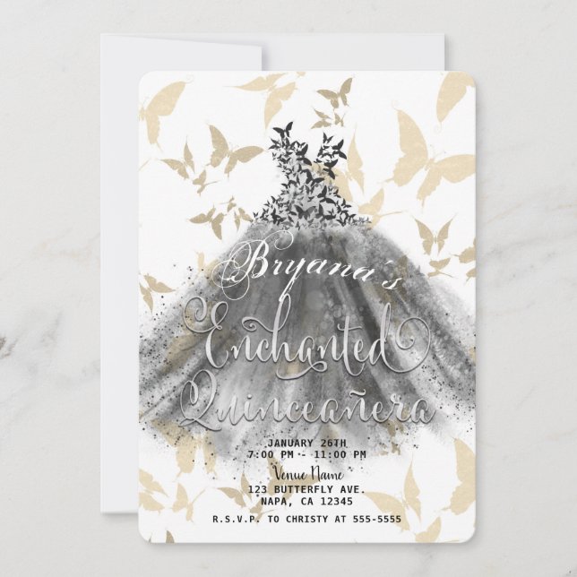 Butterfly Dance Dress Black & Guld 15 Quinceañera Inbjudningar (Framsida)