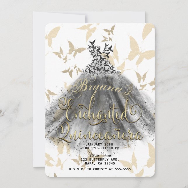 Butterfly Dance Dress Black Guld Quinceañera 15 Inbjudningar (Framsida)