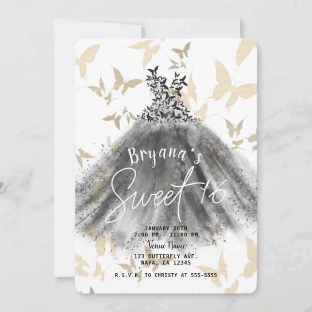Butterfly Dance Dress Black & Guld Sweet 16 Inbjudningar (Framsida)