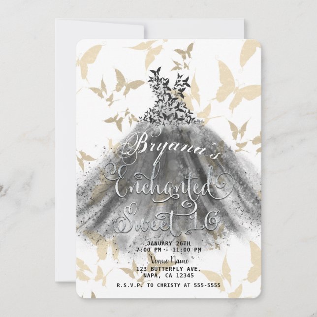 Butterfly Dance Dress Black Guld Sweet 16 Inbjudningar (Framsida)