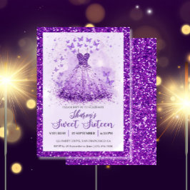 Butterfly Dance Glitter Purple Dress Sweet 16  Inbjudningar