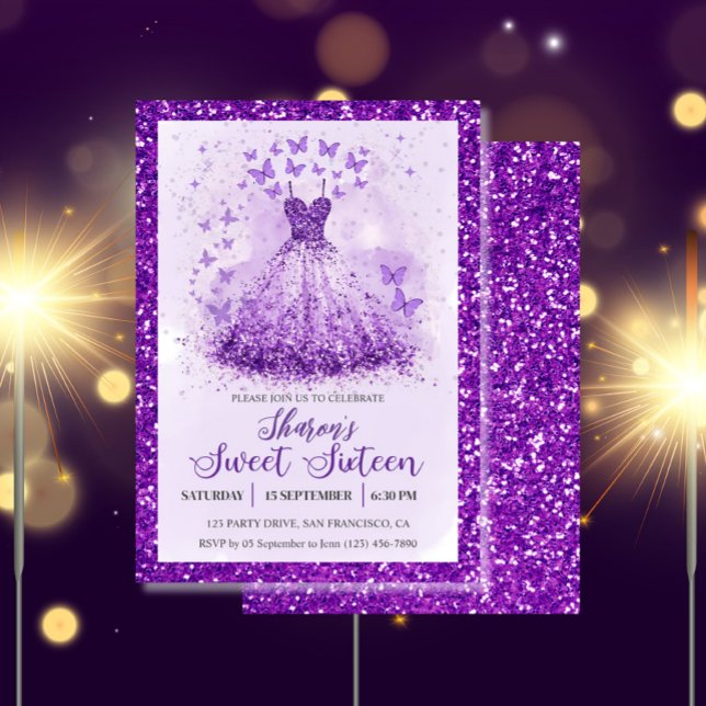 Butterfly Dance Glitter Purple Dress Sweet 16  Inbjudningar (Sweet 16 Butterflies Dress Party Invitation)