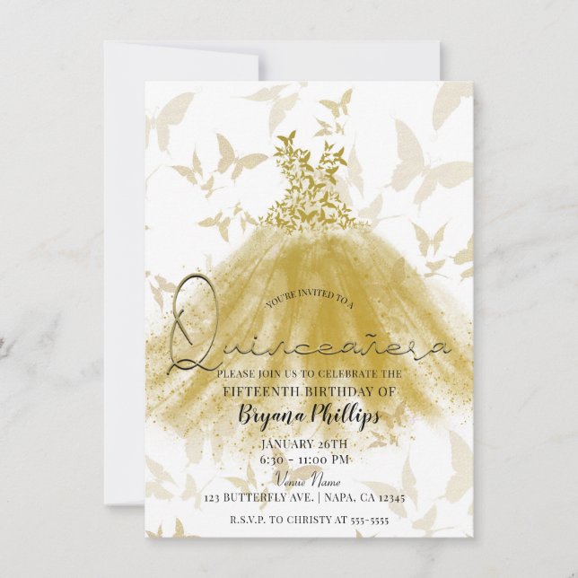 Butterfly Dance Guld Gnistra Dress Quinceañera Inbjudningar (Framsida)
