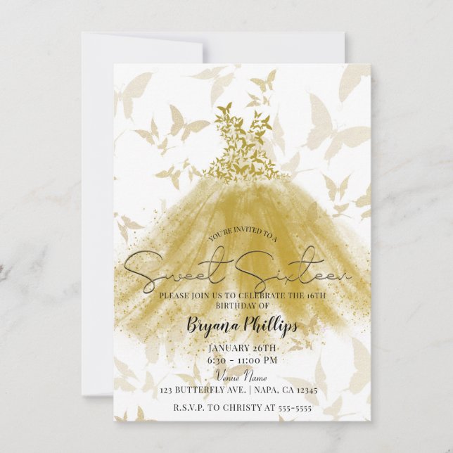 Butterfly Dance Guld Gnistra Dress Sweet 16 Party Inbjudningar (Framsida)