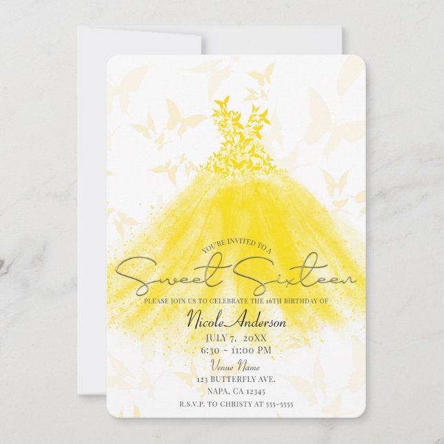 Butterfly Dance Gult Dress Sweet 16 Party Inbjudningar (Framsida)