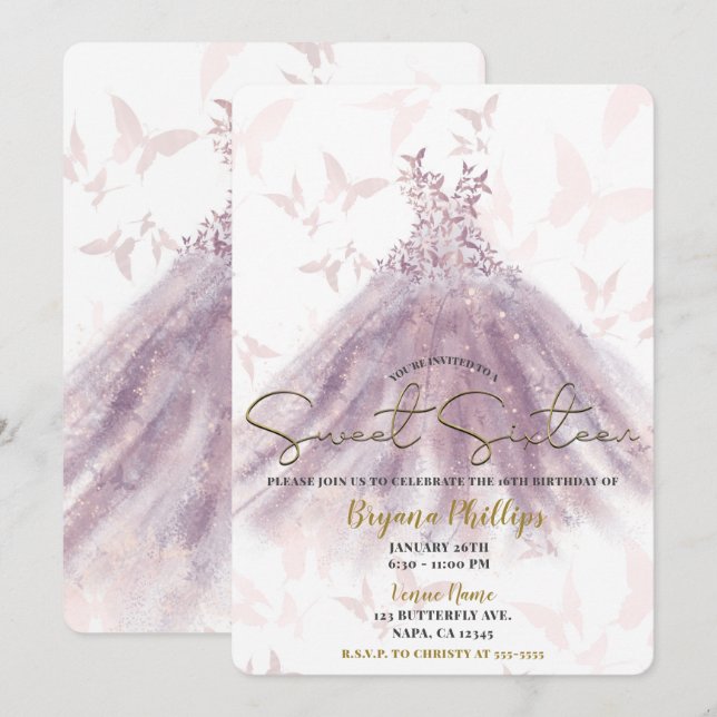 Butterfly Dance Mauve Gnistra Dress Guld Sweet 16 Inbjudningar (Fram/baksida)