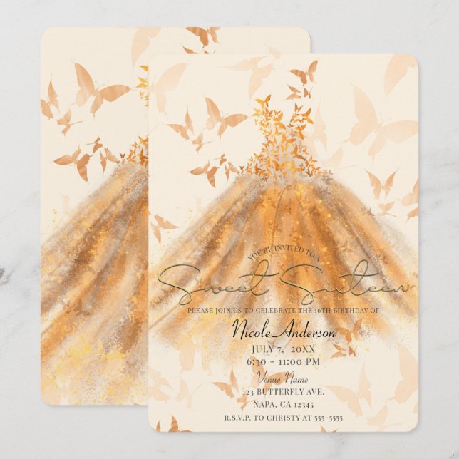 Butterfly Dance Orange Gnistra Dress Sweet 16 Inbjudningar (Fram/baksida)