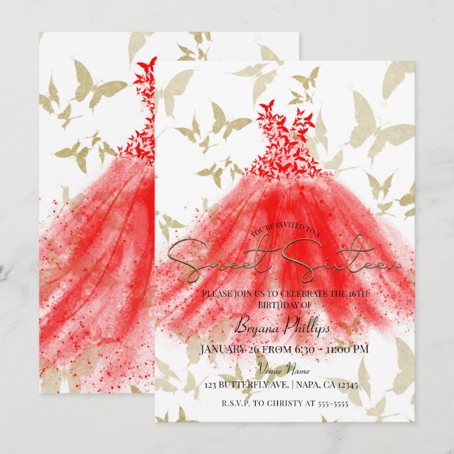 Butterfly Dance Red Dress Guld Sweet 16 Party Inbjudningar (Fram/baksida)
