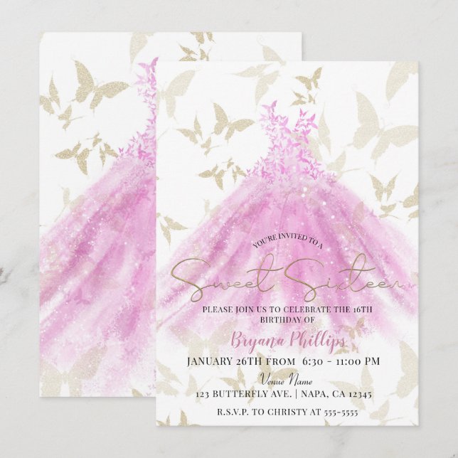 Butterfly Dance Rosa & Guld Dress Sweet 16 Inbjudningar (Fram/baksida)