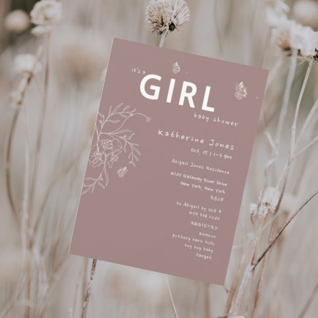 Butterfly Det är en flicka Mauve Baby Shower Inbjudningar (Skapare uppladdad)