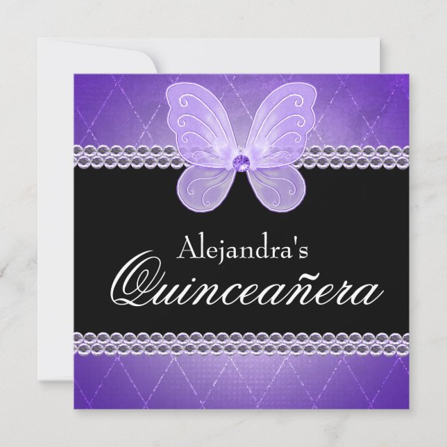 Butterfly Diamonds Lila Quinceanera Inbjudningar (Framsida)