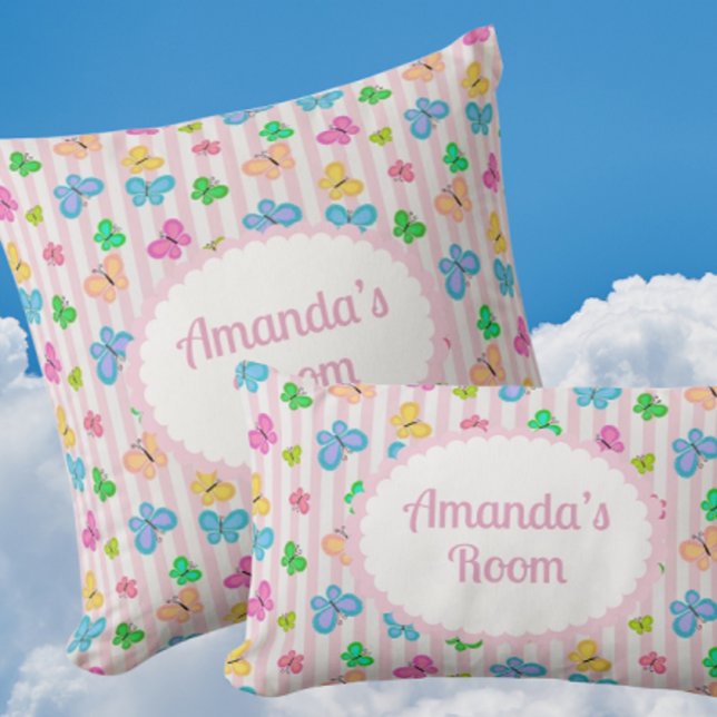 Butterfly Dreams Personalized Pink Stripe  Kudde (Personalize these sweet pillows for someone special!)