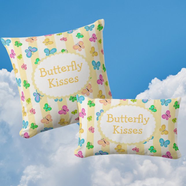 Butterfly Dreams Personalized Yellow White Stripe  Lumbarkudde (Personalize with a name or message!)