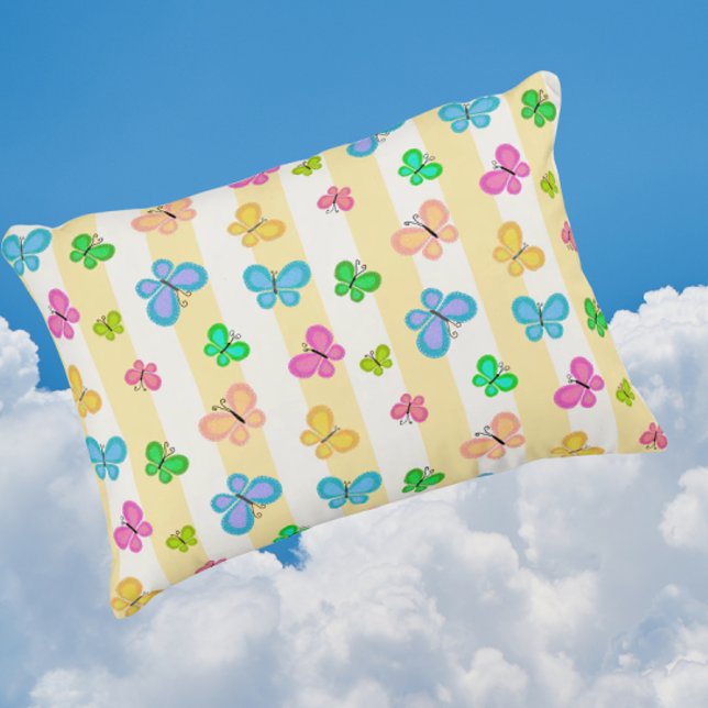 Butterfly Dreams Yellow White Stripe Prydnadskudde (Cheerful butterfly accent pillow)