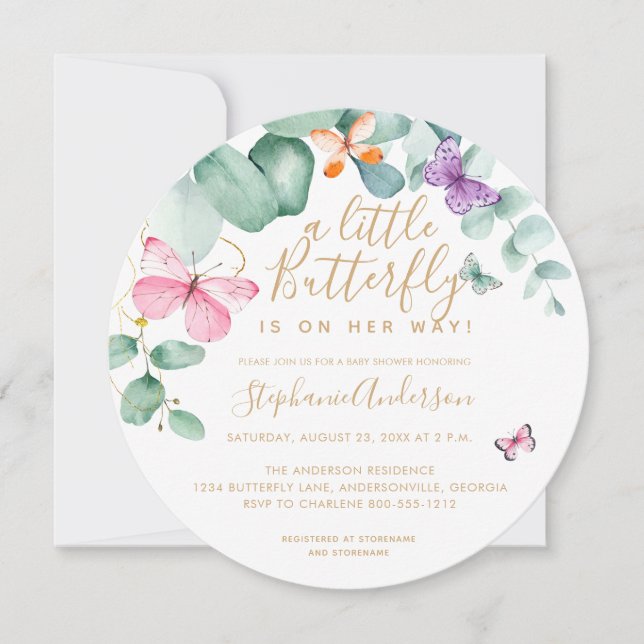 Butterfly Eucalyptus Rosa Guld Round Baby Shower Inbjudningar (Framsida)
