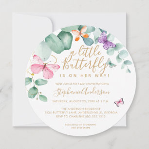 Butterfly Eucalyptus Rosa Guld Round Baby Shower Inbjudningar
