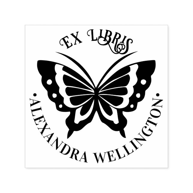 Butterfly Ex Libris Bibliotek Bok Namn #1 Round Självfärgande Stämpel (Design)