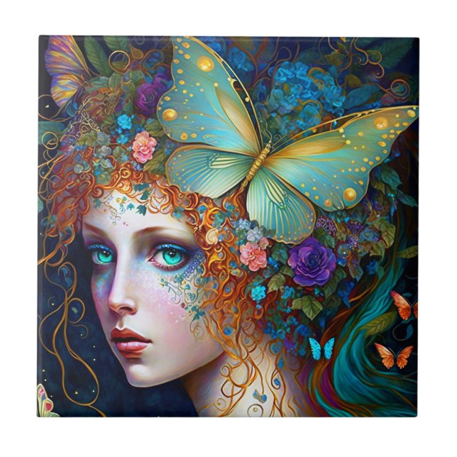 Butterfly Fairy Elf Dam Fantasy Art Kakelplatta (Framsidan)